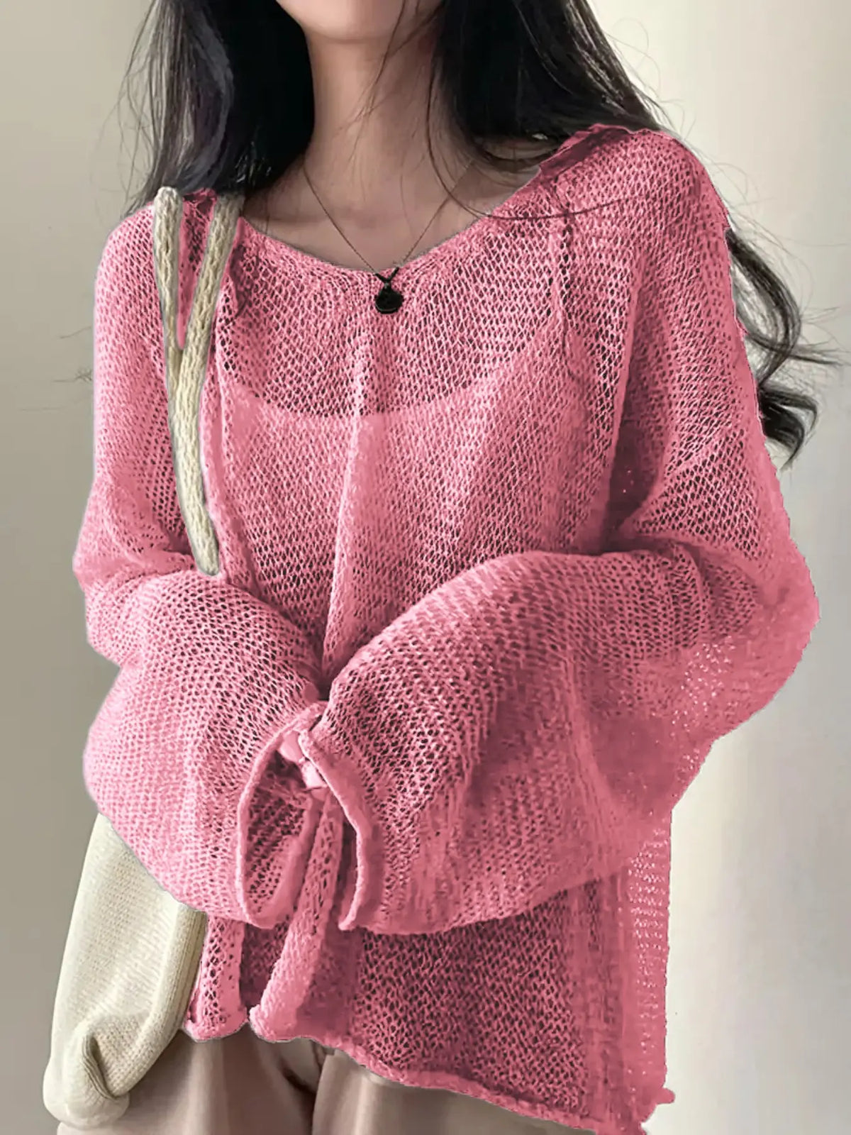 Women's Basic Solid Hollow Out Drop Shoulder Knitting Sweater, Boho Casual Long Sleeve Round Neck Jumper for Spring & Fall, Fashion Ladies' Knitwear for Daily Wear, Fit, Knit Casual Top