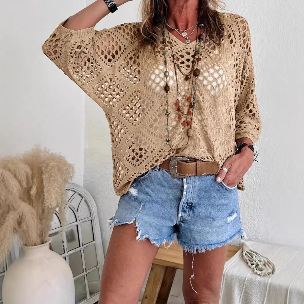 Summer V-neck Rhombus Hollow Bat Sleeve Women's Sweater Blouse Knitted Women's Clothing