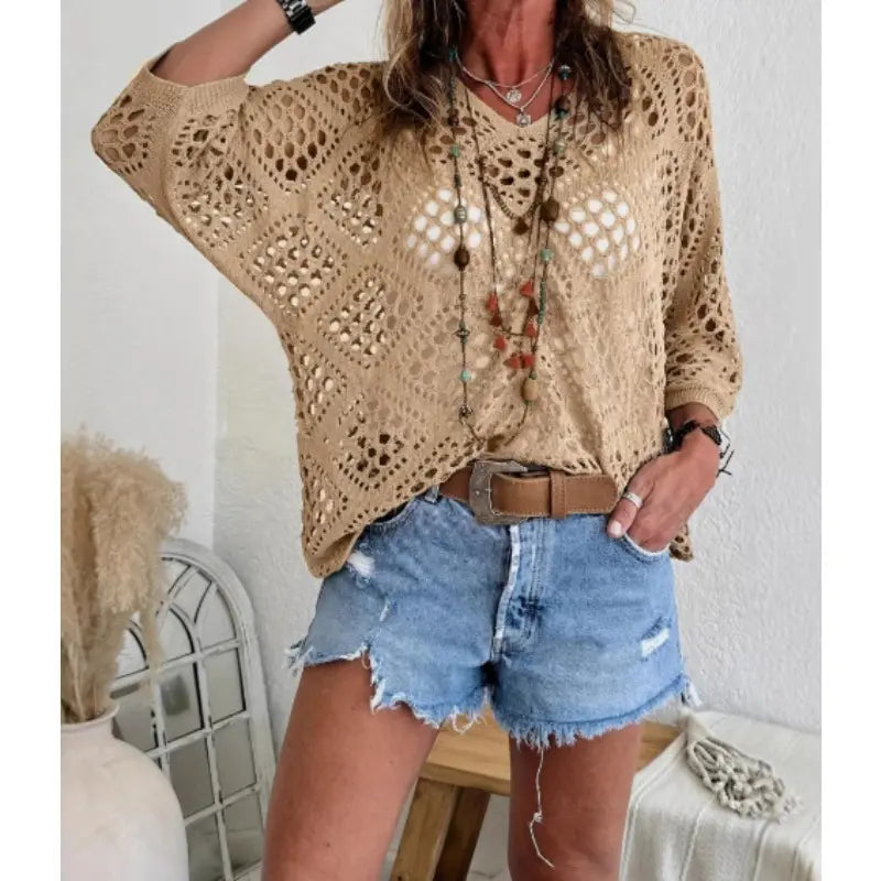 Summer V-neck Rhombus Hollow Bat Sleeve Women's Sweater Blouse Knitted Women's Clothing