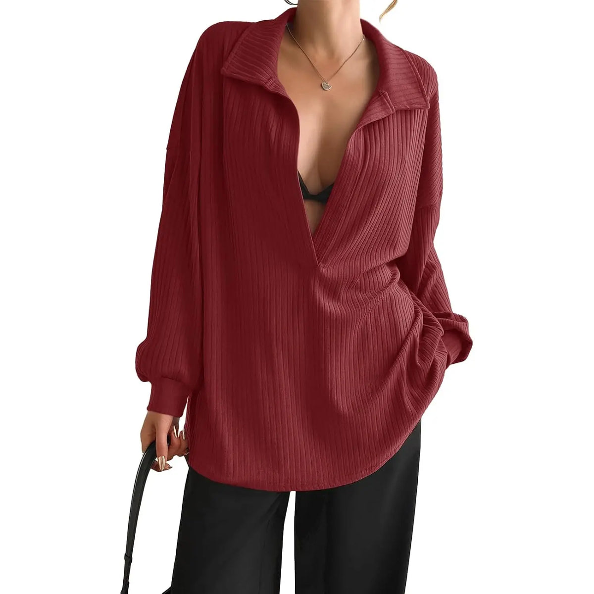 FISOEW Women's Knit Pullover Sweatshirt Oversized Deep V Neck Ribbed Long Sleeve Casual Lightweight Top for Women Knitwear Women's Clothes,back to school,back to school shopping Vneck Brown,sohochic