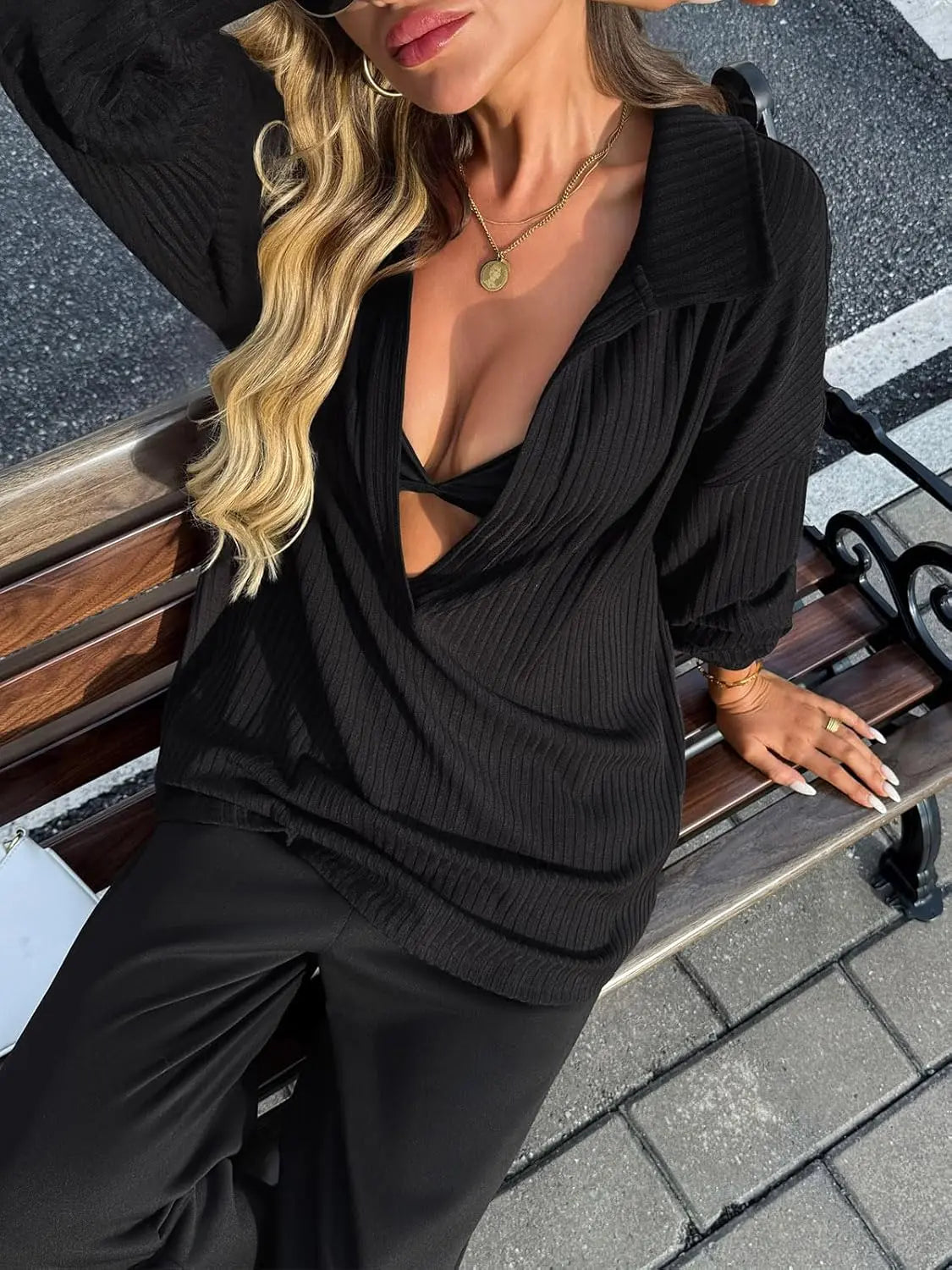 FISOEW Women's Knit Pullover Sweatshirt Oversized Deep V Neck Ribbed Long Sleeve Casual Lightweight Top for Women Knitwear Women's Clothes,back to school,back to school shopping Vneck Brown,sohochic