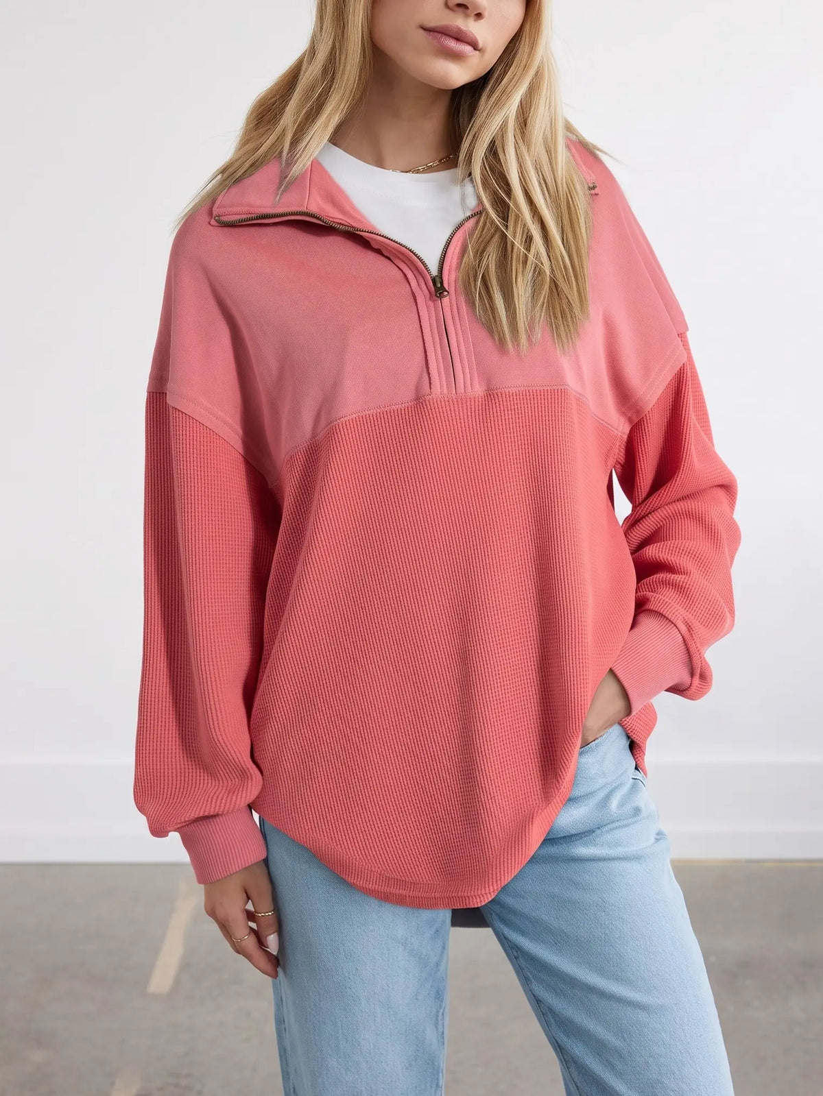 Shewin Women's Half-Zip Waffle Knit Collared Neck Longsleeves Pullovers - Oversized Cotton Polyester Soft Casual Tops for Sports, Plus Size Tops 2XL (Back to School, Vacation Use)