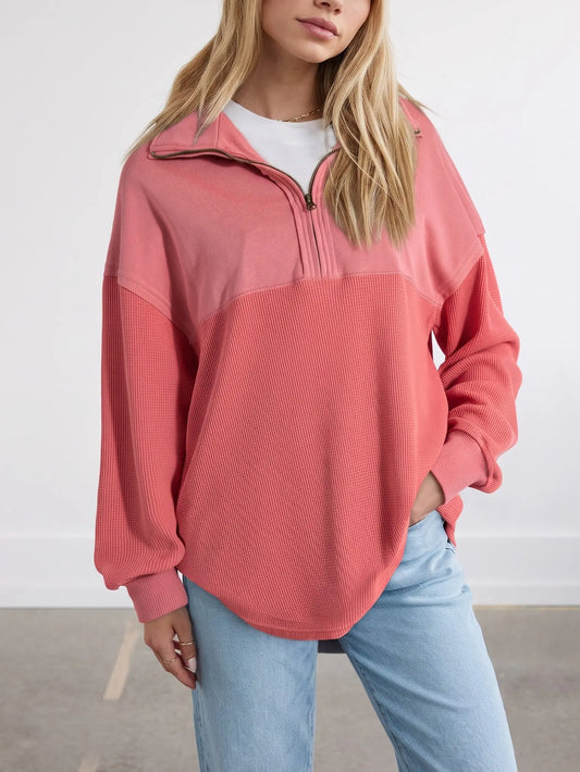 Shewin Women's Half-Zip Waffle Knit Collared Neck Longsleeves Pullovers - Oversized Cotton Polyester Soft Casual Tops for Sports, Plus Size Tops 2XL (Back to School, Vacation Use)