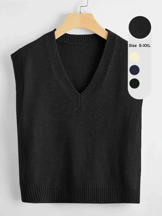 Women's V-Neck Knit Vest, Fashion Sleeveless Vest, New Early Autumn Layered Basic Solid Color Sweater Backless, Elegant Casual Chic Loose Fit Top, Comfortable Slimming Design, Knitted Vest Top