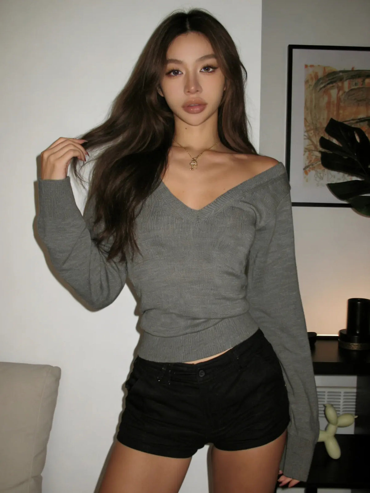 Fashion Basic Fall Winter Vintage V Neck Knitted Sweater Women Casual College Style Lantern Sleeve Long Sleeve Slim Fit Pullover Knitwear Cozy Fall Pullover