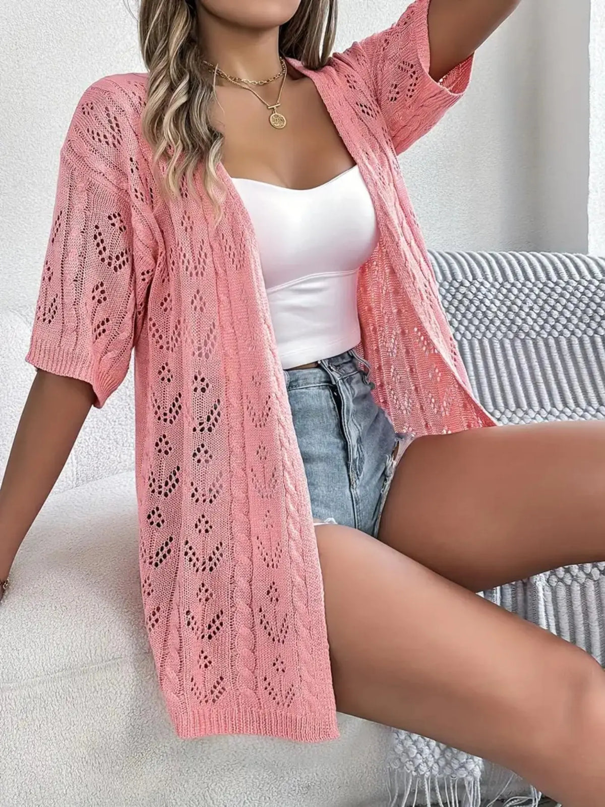 【Plus Size】 Solid Lace Hole Design Knitting Cardigan, Elegant Casual Open Front Loose Fit Short Sleeve Knitwear for Daily Wear, Casual Chic Knitwear, Women's Plus Clothing for All Seasons, Tops