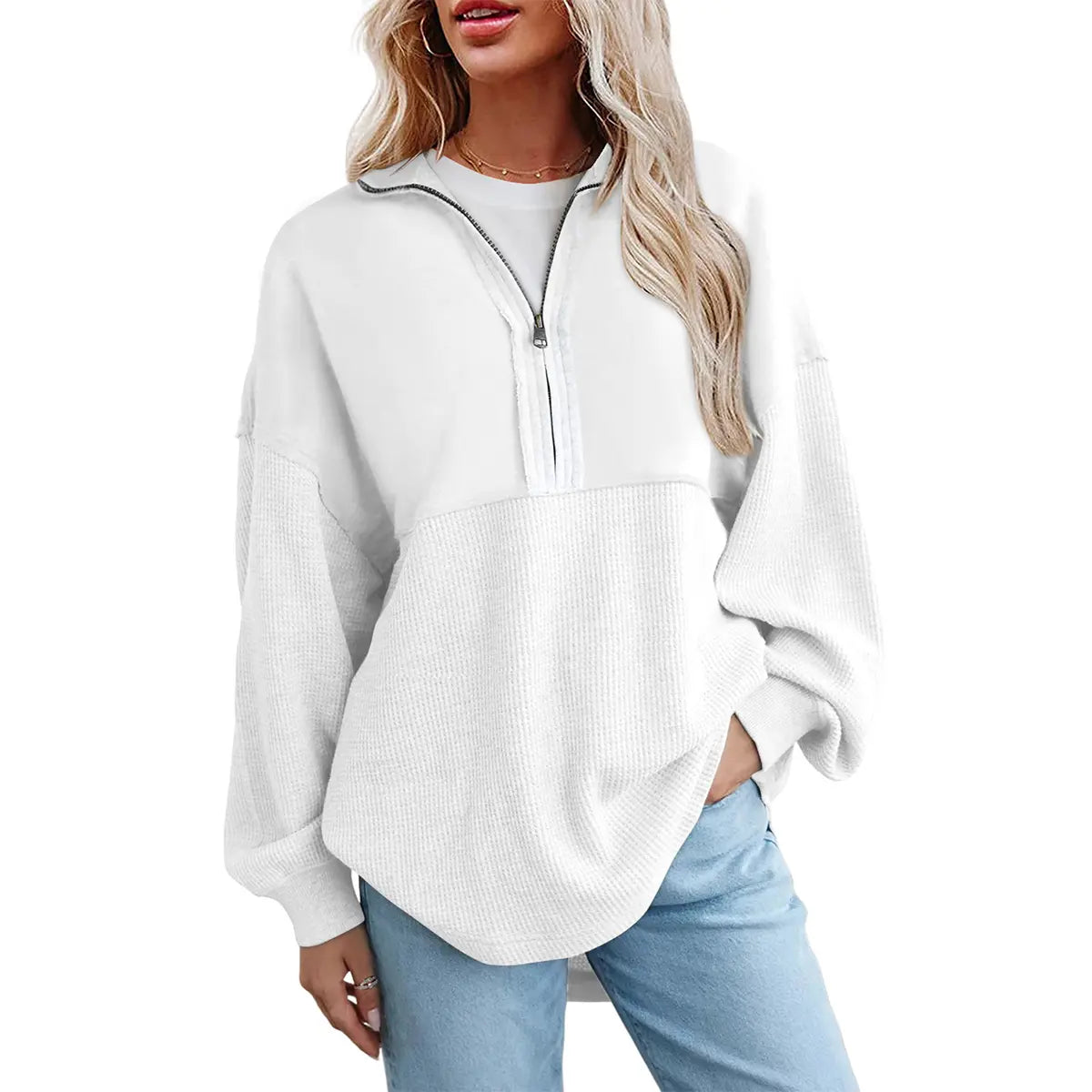 Shewin Women's Half-Zip Waffle Knit Collared Neck Longsleeves Pullovers - Oversized Cotton Polyester Soft Casual Tops for Sports, Plus Size Tops 2XL (Back to School, Vacation Use)