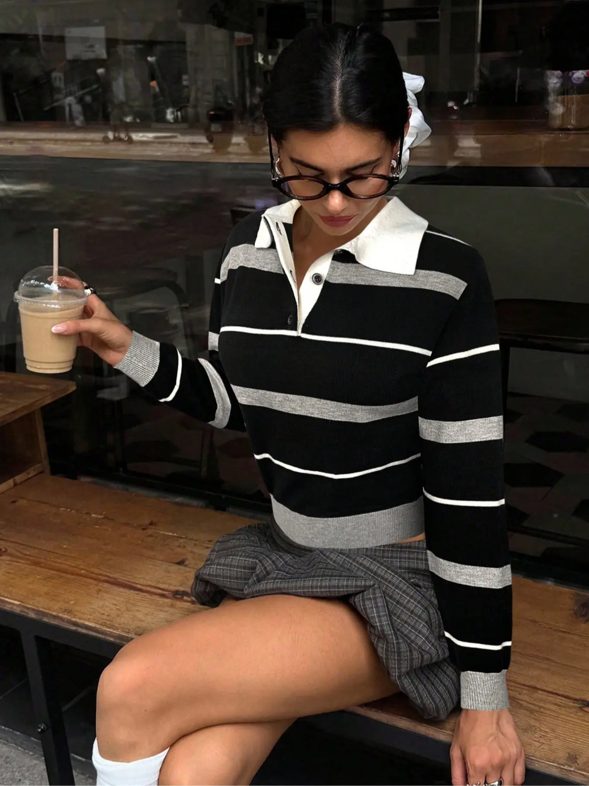 Trendy Women's College Style Polo Neck Sweater, Blue Striped Loose Knitwear, Casual Fashion Pullover for Fall & Winter