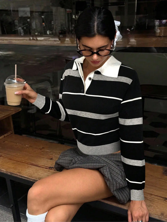 Trendy Women's College Style Polo Neck Sweater, Blue Striped Loose Knitwear, Casual Fashion Pullover for Fall & Winter