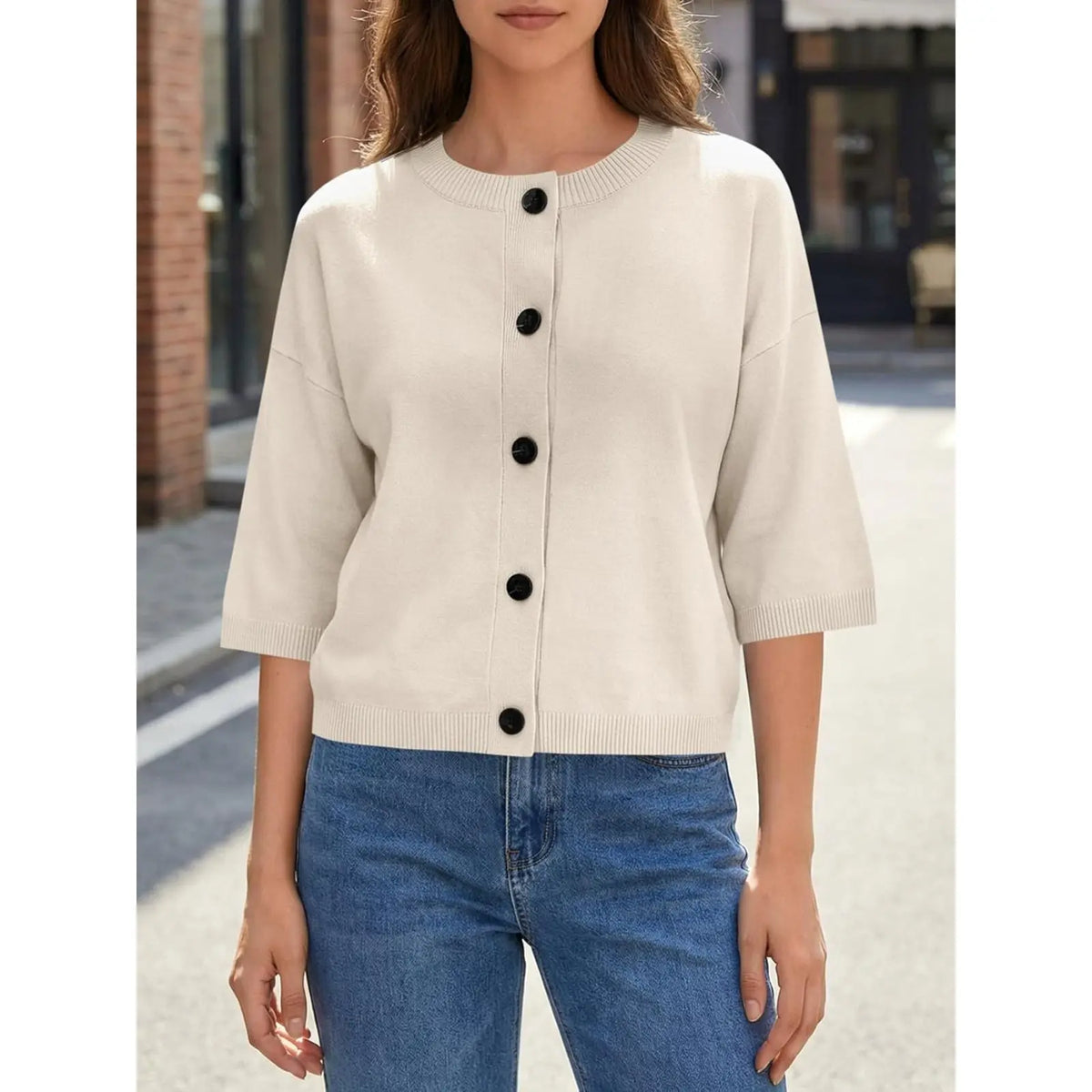 Saodimallsu Women's Basic Short Sleeve Knit Cardigan - Casual Lightweight Round Neck Button-Down Mixed Fibers Fabric Tops for Women, Easy Machine Wash Summer Everyday Wear