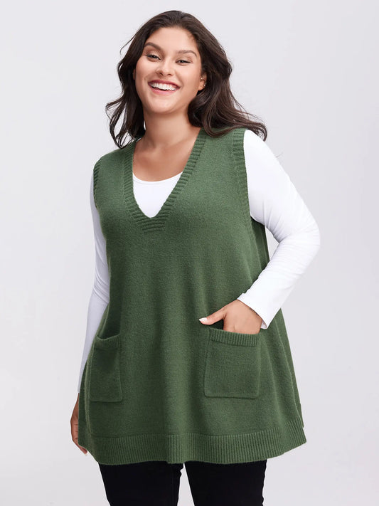 BloomChic A-Line Pockets V-Neck Pullover 【M-6XL】