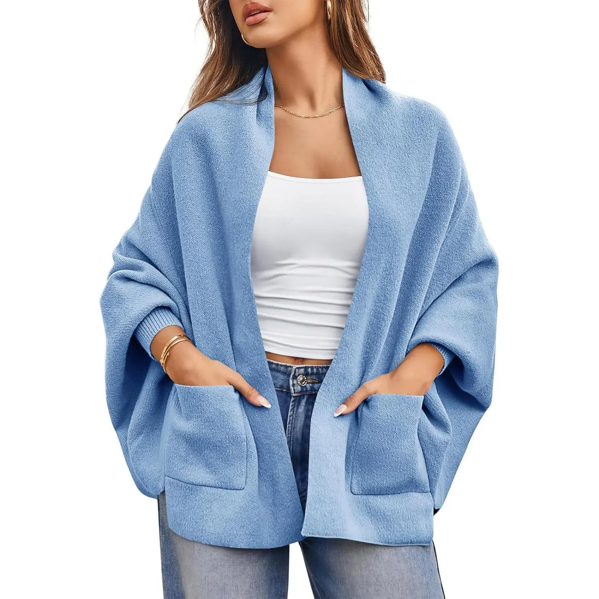 Womens Open Front Cardigan Batwing Long Sleeve Shawl Chunky Knit Loose Fall Poncho Sweater Coats