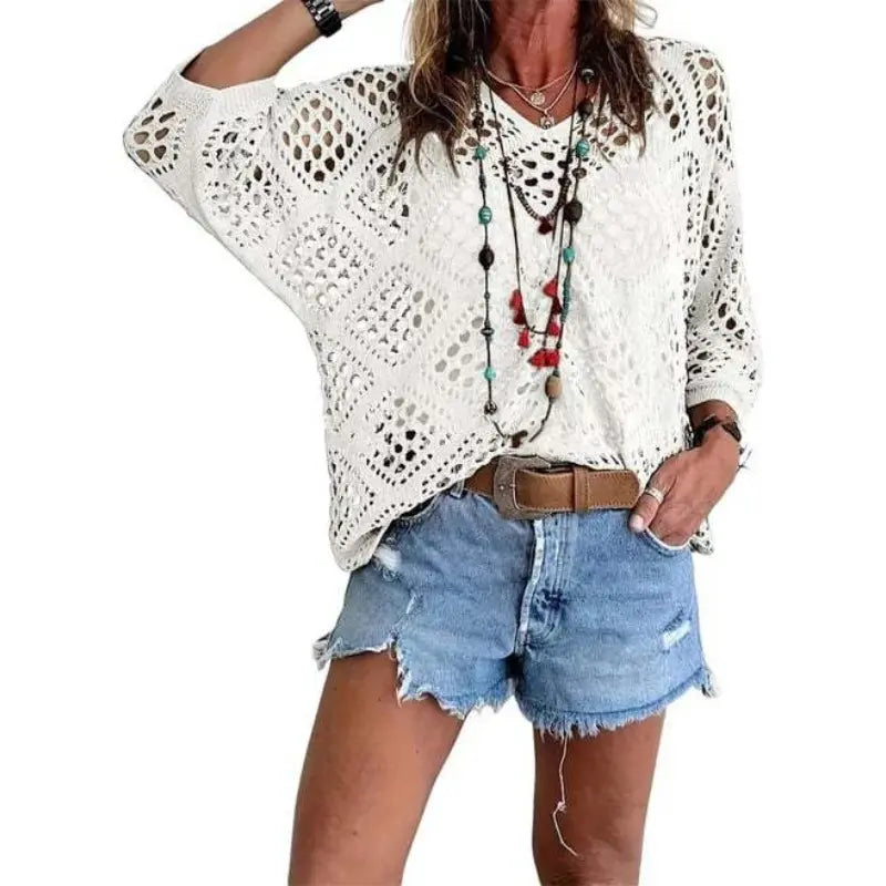 Summer V-neck Rhombus Hollow Bat Sleeve Women's Sweater Blouse Knitted Women's Clothing