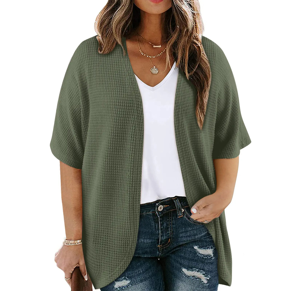 Eytino Womens Plus Size Cardigan Casual Short Sleeve Waffle Knit Kimono Open Front Tops(1X-5X)