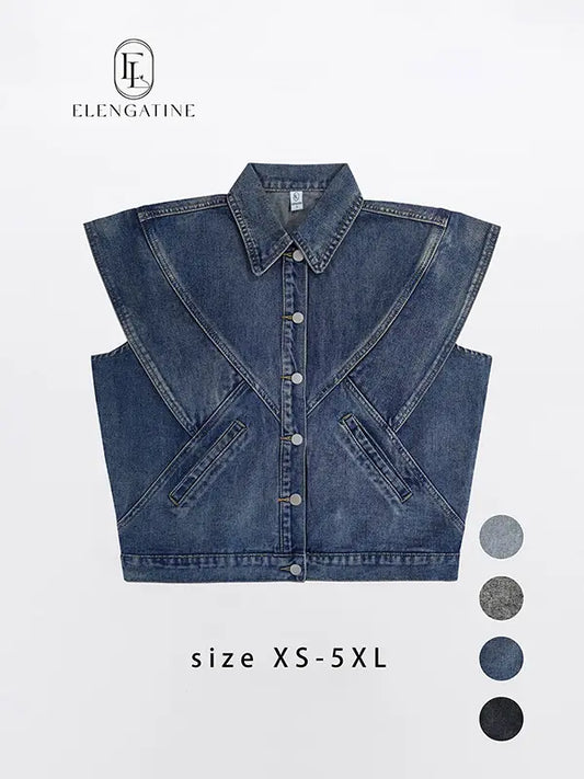 Women's Plus Size Boho Denim Vest - Boho Clothing, Wide Shoulders, Casual Rounded Collar, Sleeveless Freedom, Button-Front Style, Slit Pockets, Minimalist Layer Over Tees for Instant Polish Jacket