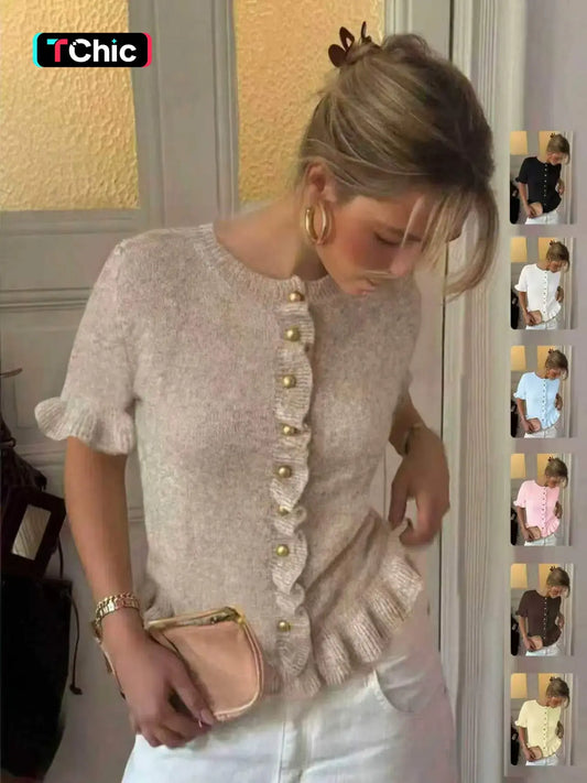 Women's Spring Summer Vintage Fashion Casual Round Neck Short Sleeve Knitted Cardigan Knitwear, Ruffle Design and Metal Buttons, Elegant Soft Sweater Knitting