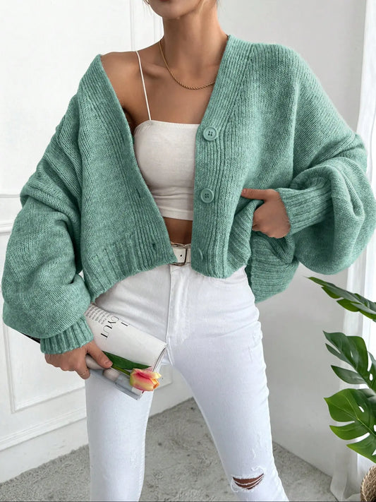 Women's V Neck Lantern Sleeve Sweater, Casual Baggy Loose-Fit Knitted Cardigan, Fall & Winter Fashion, Minimalist, Plain Color, One Button Design, Knitwear Tops