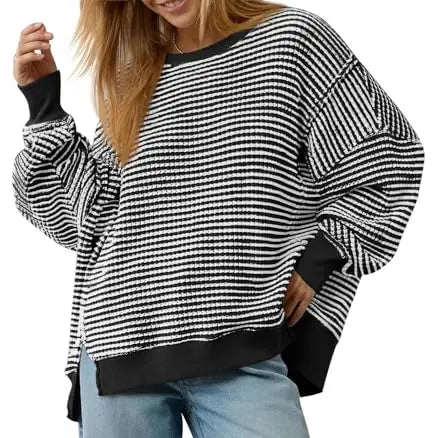 FISOEW Women's Oversized Crewneck Sweatshirt Casual Waffle Knit Pullover Tunic - Breathable Soft Long Sleeve Drop Shoulder with Side Slits, Spring & Fall Casual Everyday, Plus Size Friendly, Cute Tops
