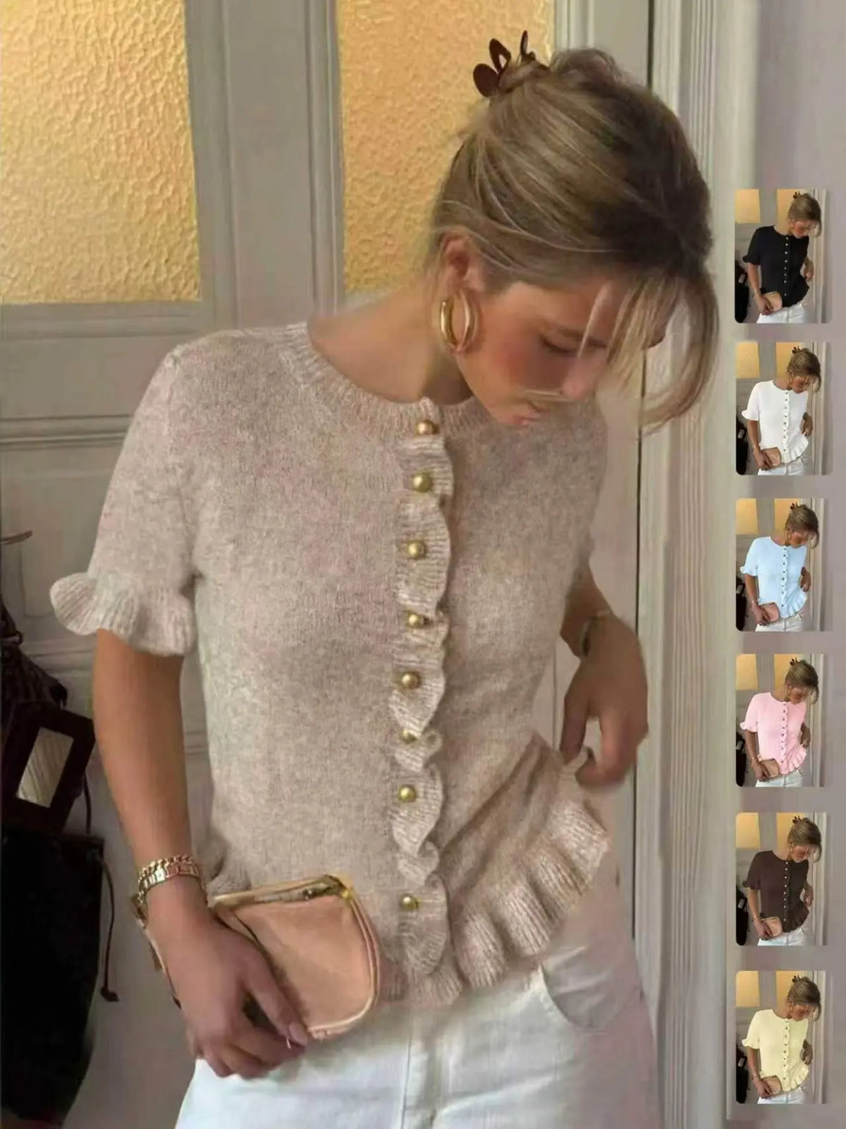 Women's Spring Summer Vintage Fashion Casual Round Neck Short Sleeve Knitted Cardigan Knitwear, Ruffle Design and Metal Buttons, Elegant Soft Sweater Knitting