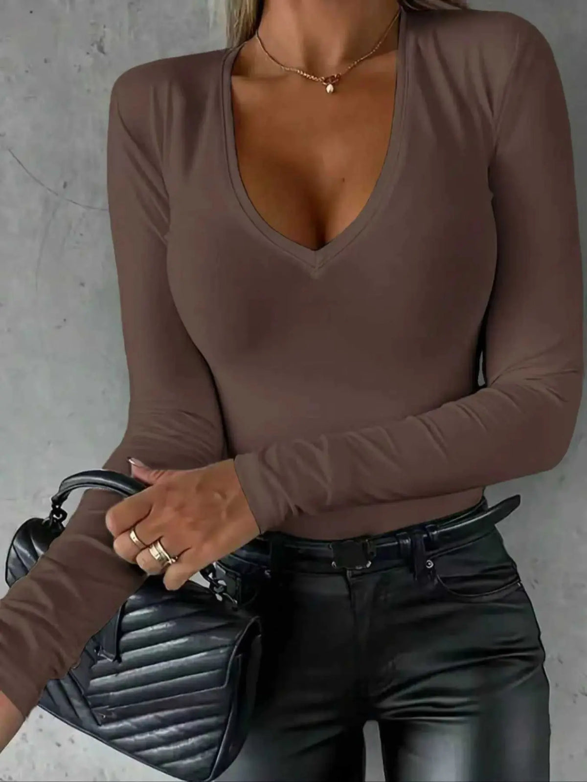 Women's Solid Color V Neck Long Sleeve Knit Tee, Casual Basic Lady T-shirt for Spring & Fall, Women's Top for Daily Wear, Fit, Womenswear, Knitwear, Fabric, Casual Knit Tops, Fashion Knit Clothing
